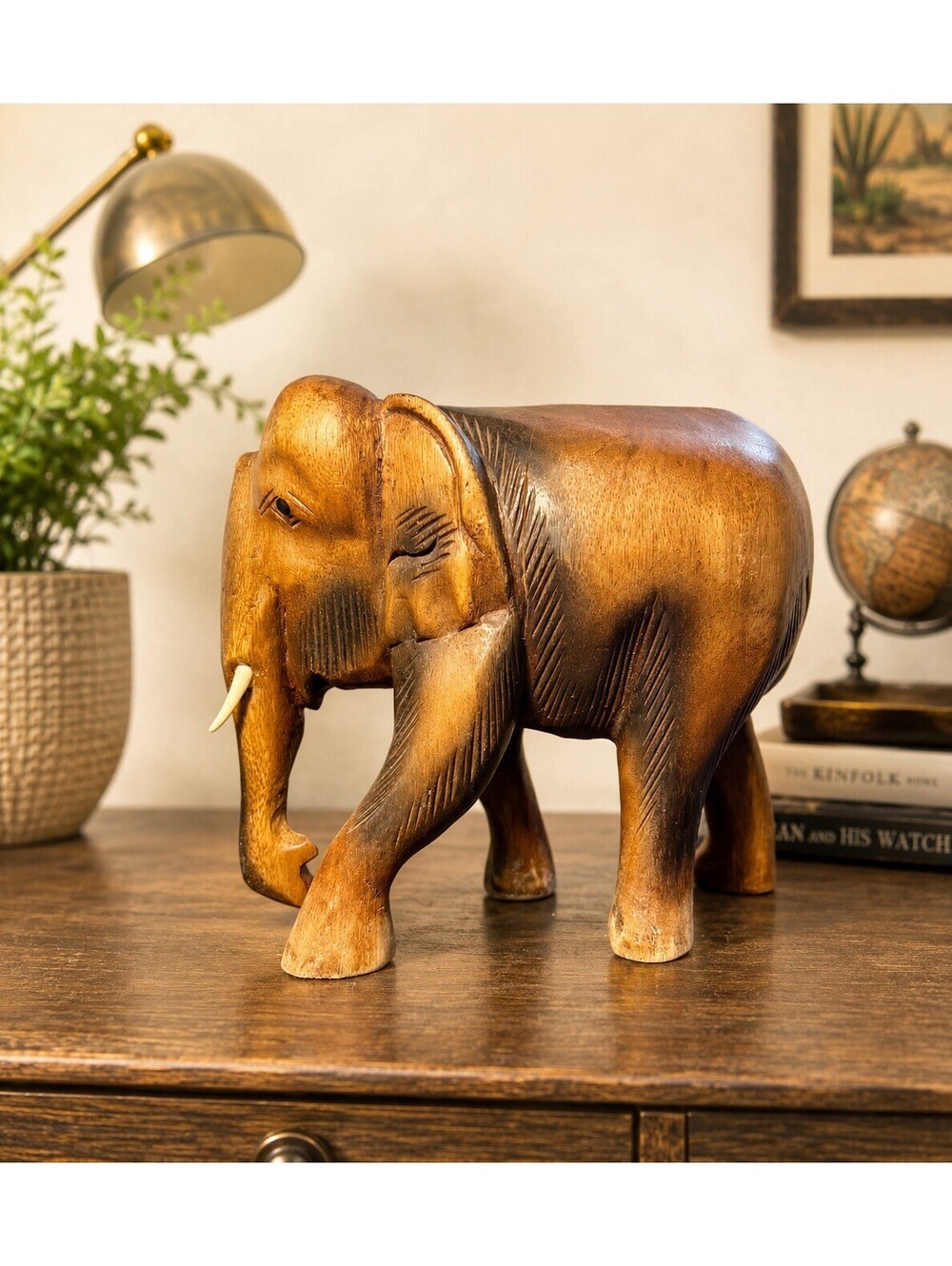 Thailand 1990s Hand Carved Raintree Wood Elephant Figurine Sculpture, 9x9”